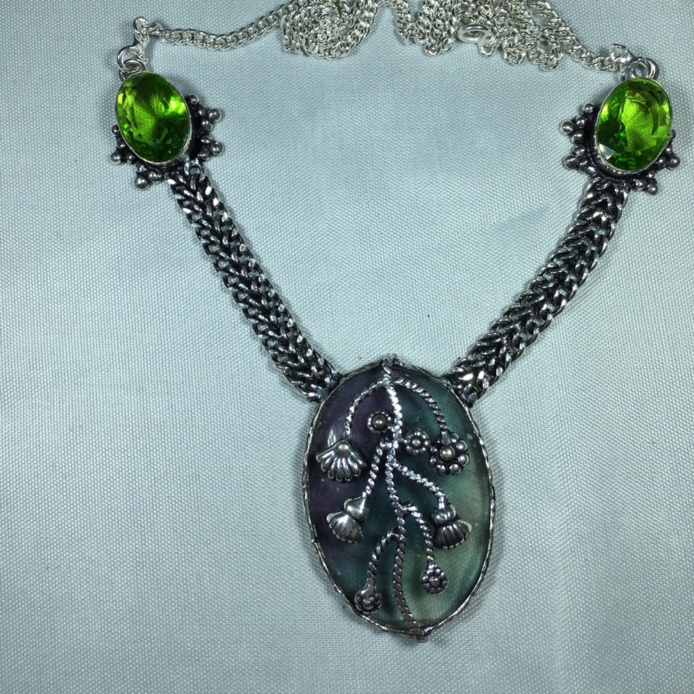 Florite, Peridot Silver Necklace